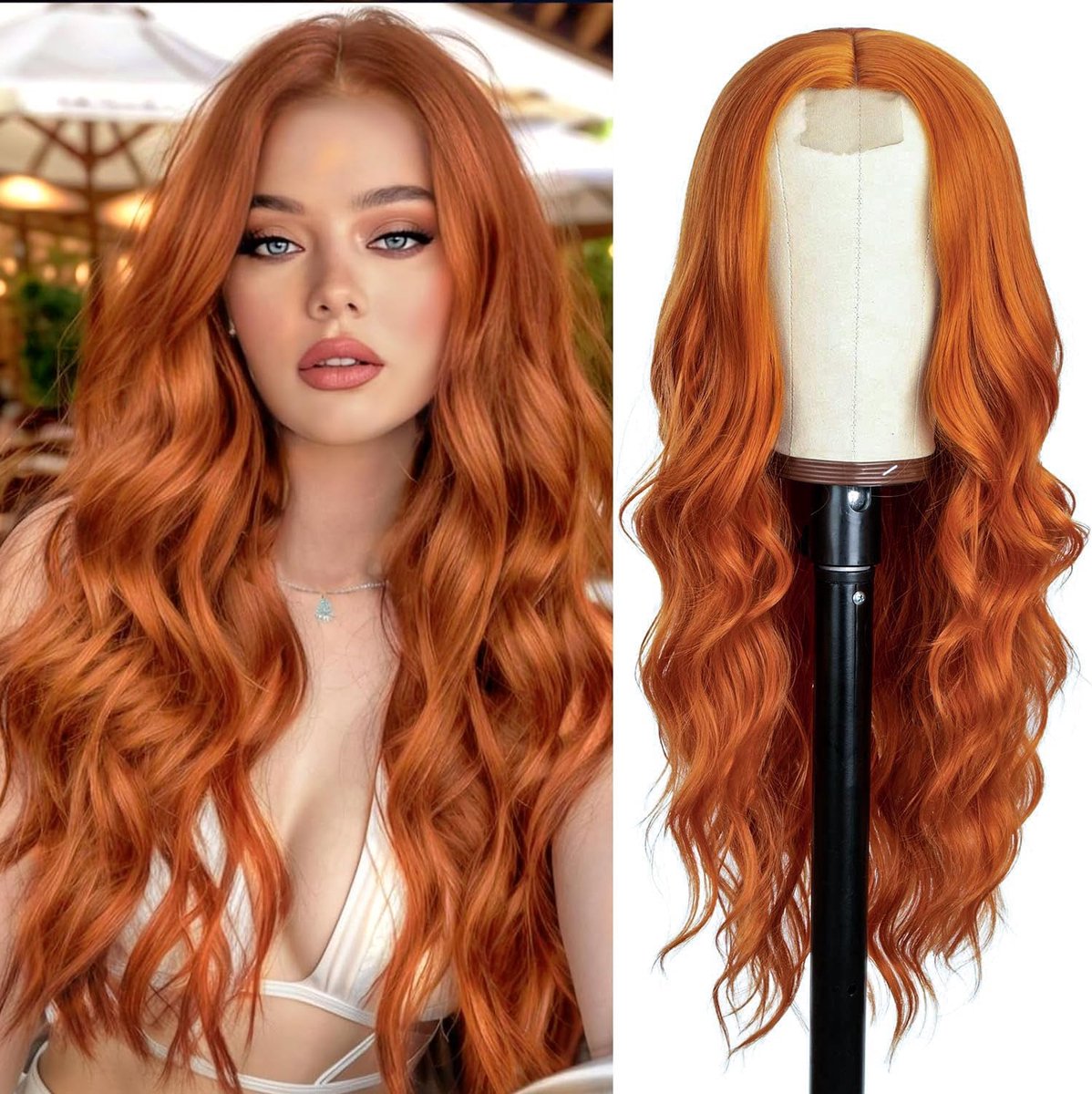 PORSMEER Long Copper Orange Wavy Wig - Lace Middle Parting Curly Wavy Synthetic Heat Resistant Fiber Wig for Daily - ShopVlot