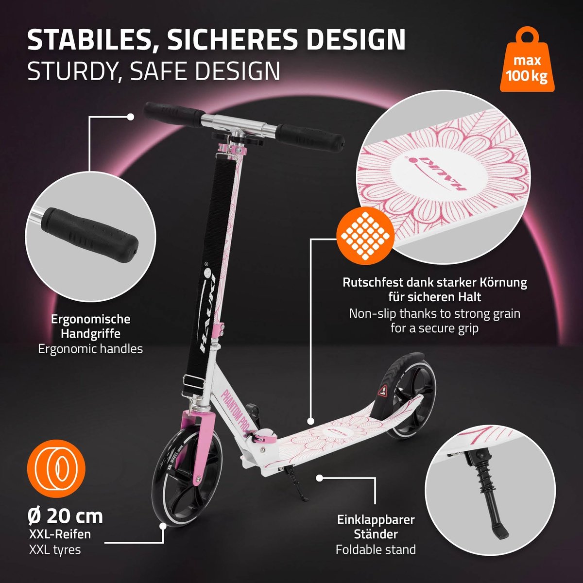 Hauki Cityroller Scooter Roze opvouwbaar verstelbaar lichtgewicht model met XXL wielen voetrem standaard draagriem - ShopVlot