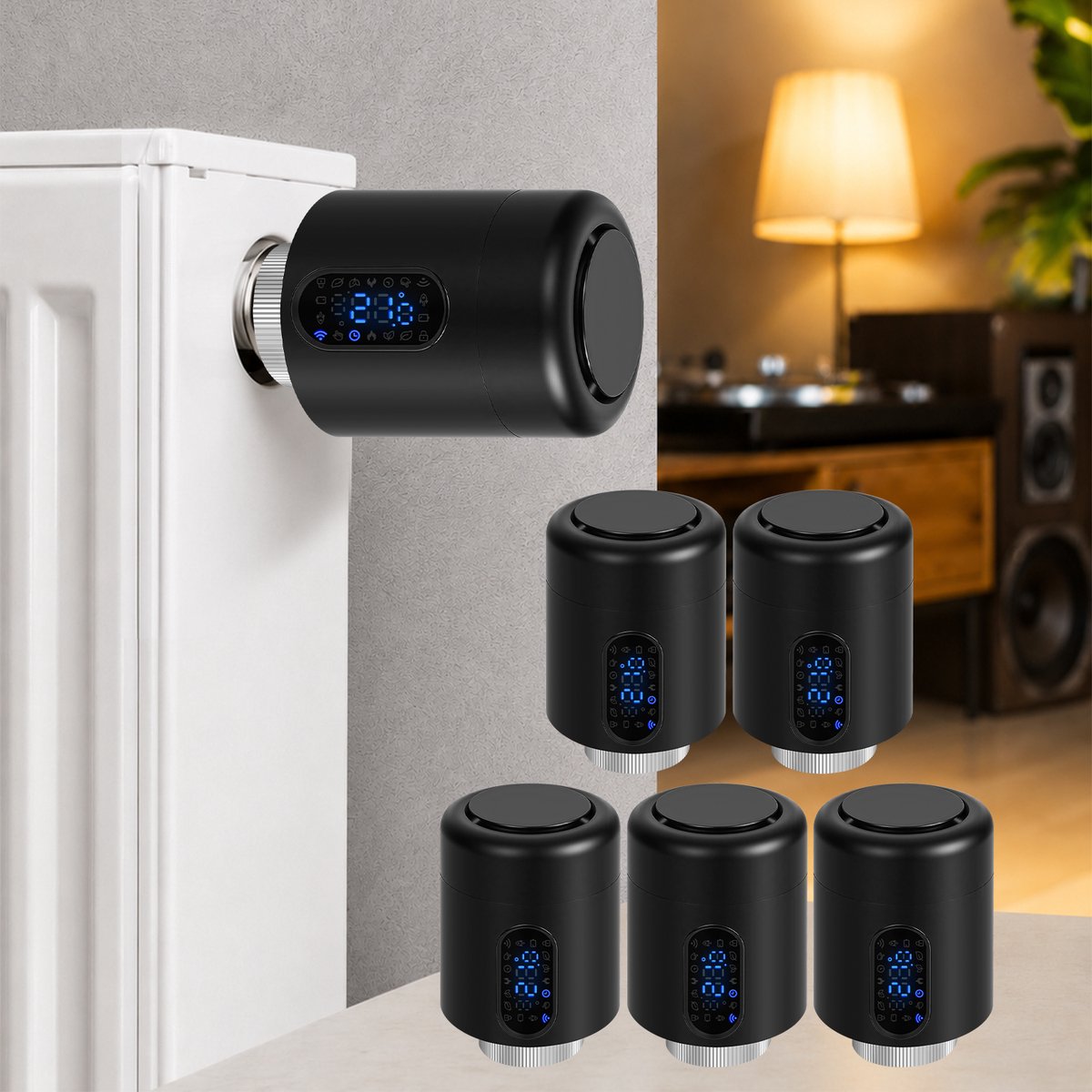 WiFi Radiatorthermostaat met App-bediening en 7 Ventieladapters – Zwart – 5-pack