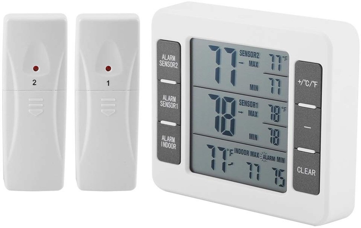 Koelkastthermometer - Wit - Draadloos Digitaal met Alarm en LCD Display - Voor Thuis en Restaurant