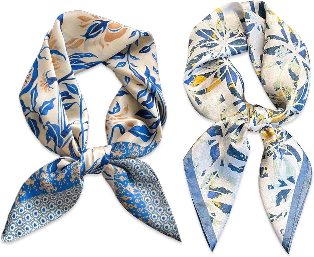 Zijden sjaals 70 cm - blauw bedrukte stijlen - maanlichtbloemen en blauw-witte patronen - perfect voor dames - ShopVlot