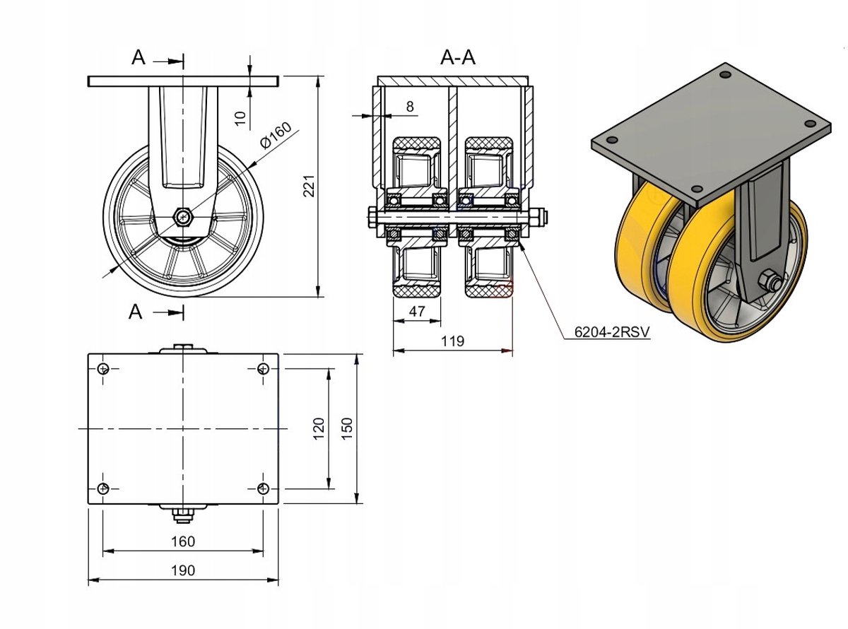 Aluminium-polyurethaan wiel, 160mm, vaste behuizing, 800kg draagvermogen