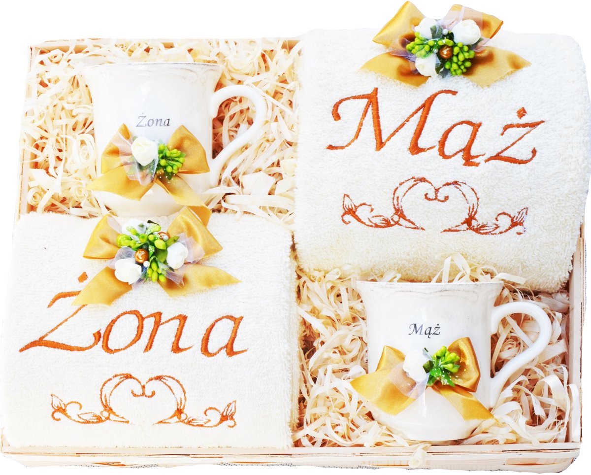 Bruidspaar Cadeauset: Luxe Handdoeken & Porseleinen Mokken