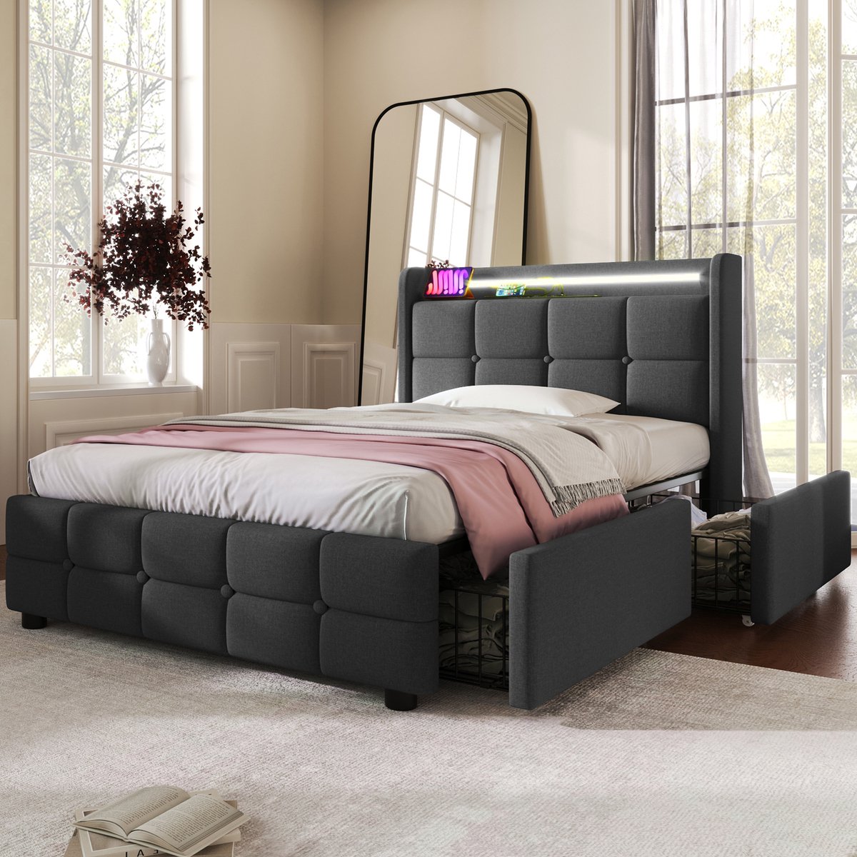 Eenpersoonsbed 90x200 cm - Gestoffeerd bed met USB-oplaadfunctie, hoofdbord, ledverlichting en 2 lades - bedframe met opbergruimte - lattenbodem van hout - Grijs (matras niet inbegrepen)
