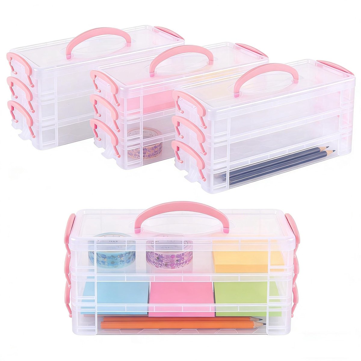 Dailygoods- Pennenbak Stapelbaar - 3 Lagen - Transparante Opbergdoos met Handvat - PP Materiaal - Schokbestendig - Eenvoudig Schoon te Maken