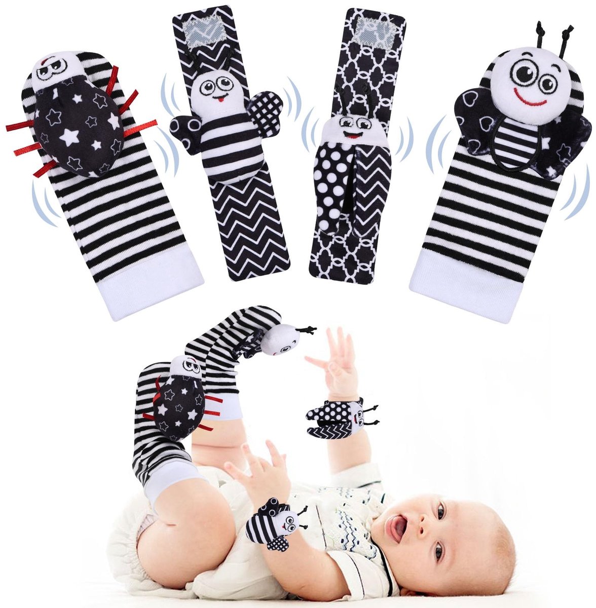 Dailygoods- Rammelaarsokken 4 Stuks - Educatief Speelgoed - Babyspeelgoed - Rammelaar - Voetzoeker - Geschikt voor 0-12 Maanden
