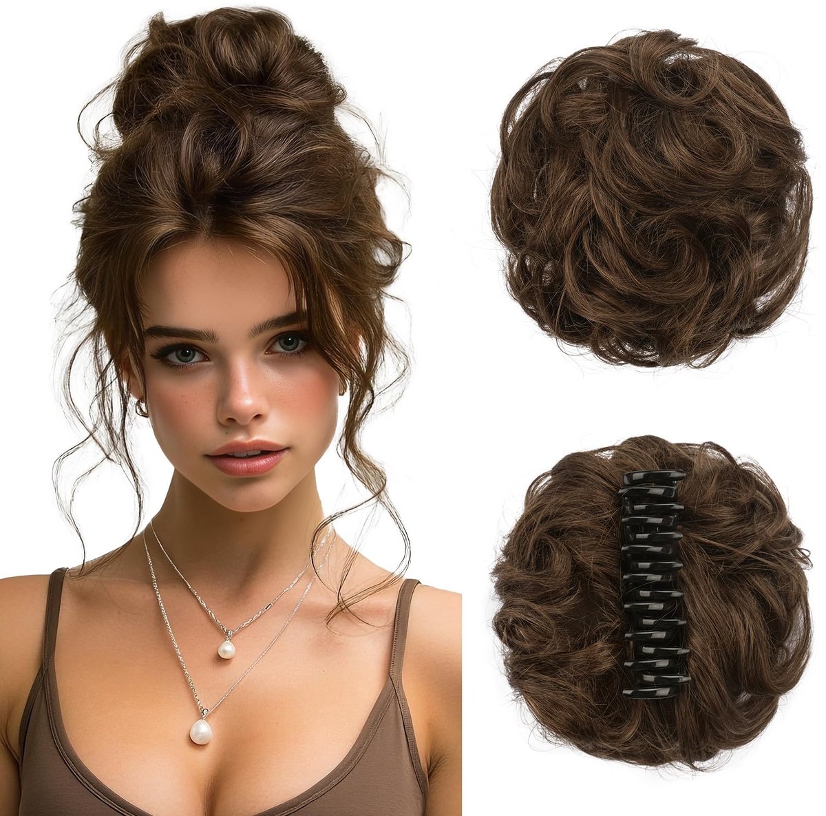 Dailygoods- Haarstuk 100% Echt Haar - Krullende Messy Bun - Clip in Klem - Chocoladebruin - 56 g - Natuurlijke Textuur - Knot