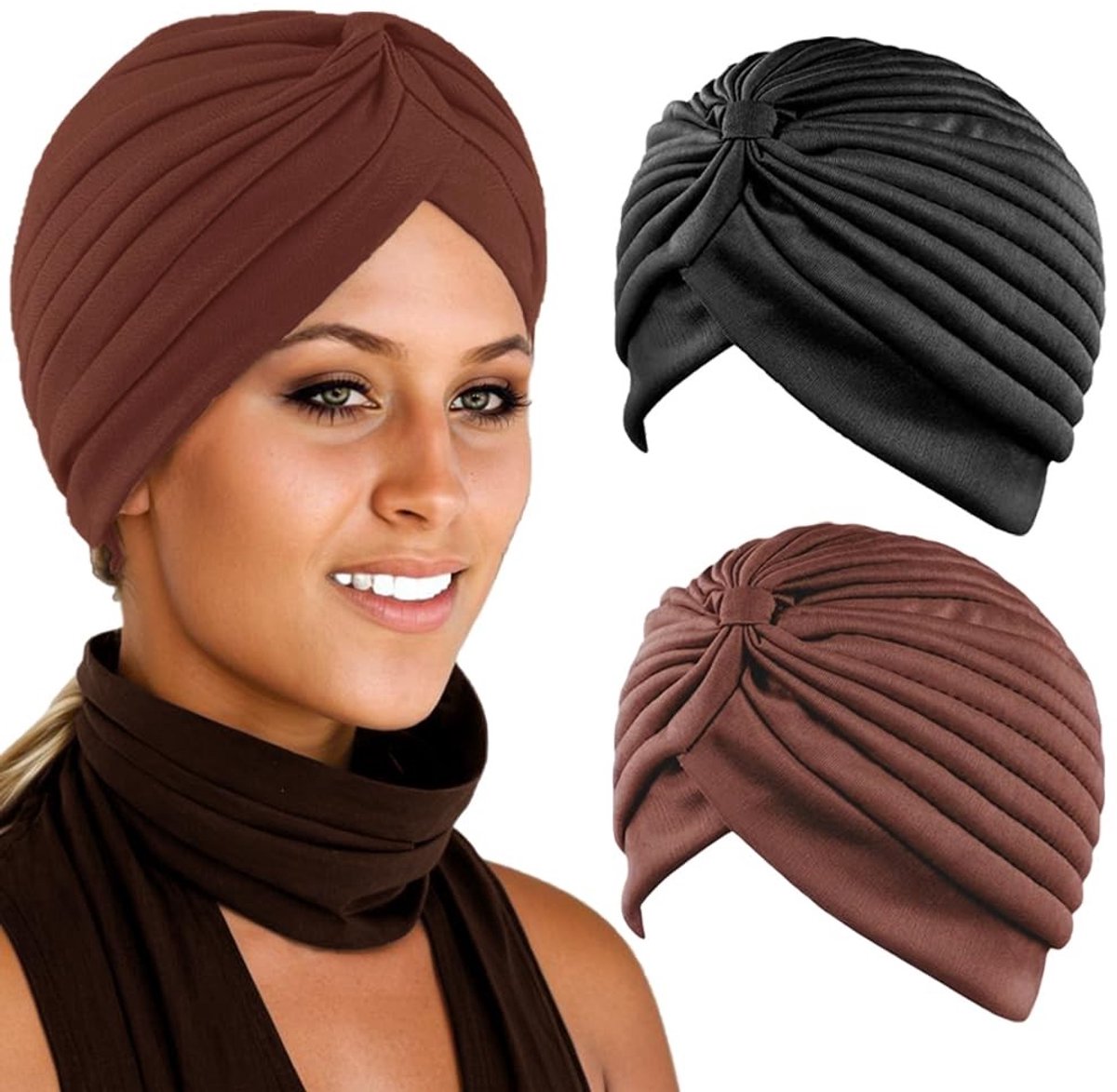 Dailygoods- Hoofdbedekking 2 Stuks - Chemoslaaptulband - Elastische Hoofddoek - Zwart/Bruin - Lichtgewicht/Ademend - Comfortabel/Makkelijk te Dragen