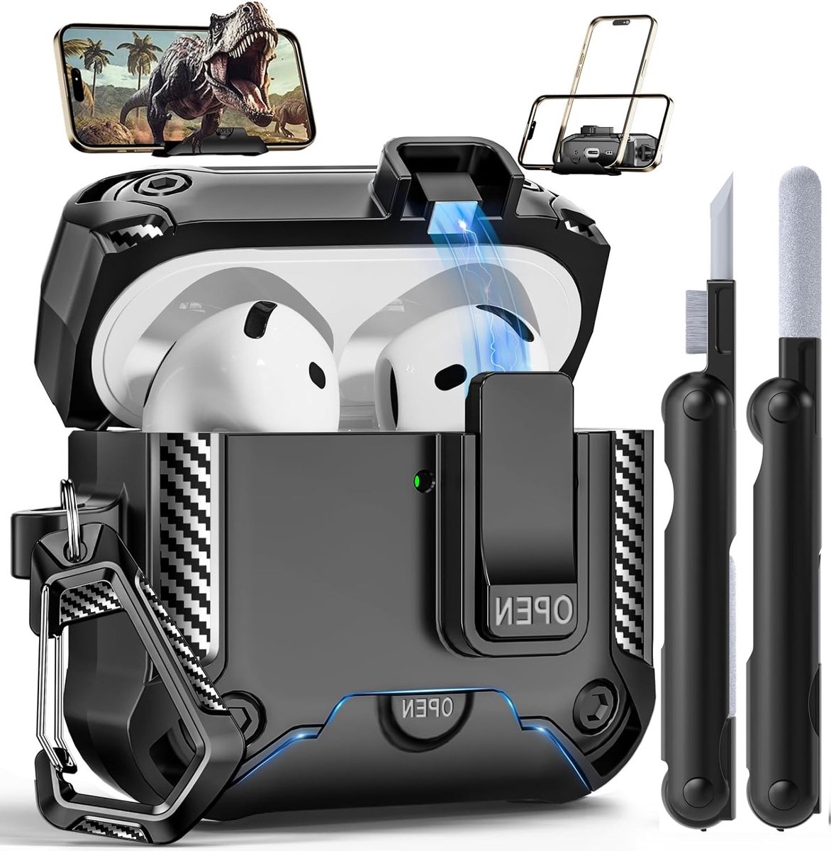 Duurzame Oplossing voor AirPods 4, Schokbestendige Bescherming, Inclusief Schoonmaakset en Carabiner, Anti-Kras en Veiligheidsvergrendeling