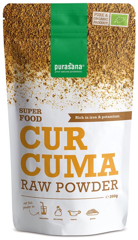 Verpakking Purasana Curcuma Raw Powder, 200g, met 'Super Food', 'Rich in iron & potassium' en icoontjes voor gebruik.