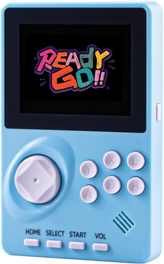 Une console de jeu rétro bleu clair avec un D-pad, des boutons A, B, X, Y, et le texte 'READY GO!!' affiché à l'écran.