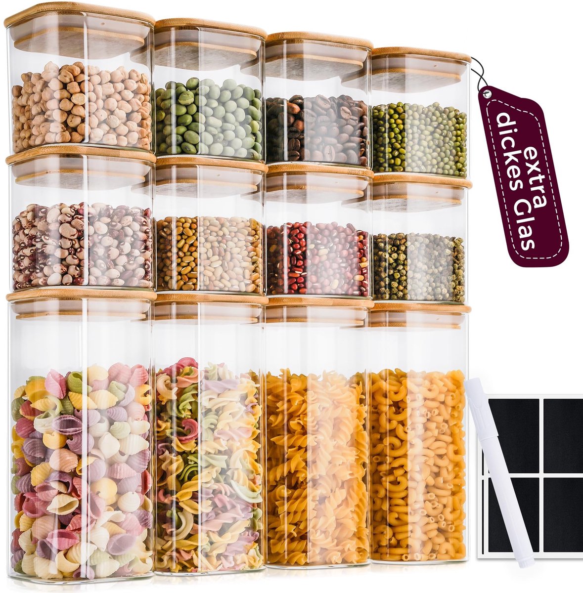 Dailygoods- Voorraadpotten met Houten Deksel - Set van 12 - Vierkant - 400/920 ml - Luchtdicht - Borosilicaatglas - Extra Stevig - Opslagpotten