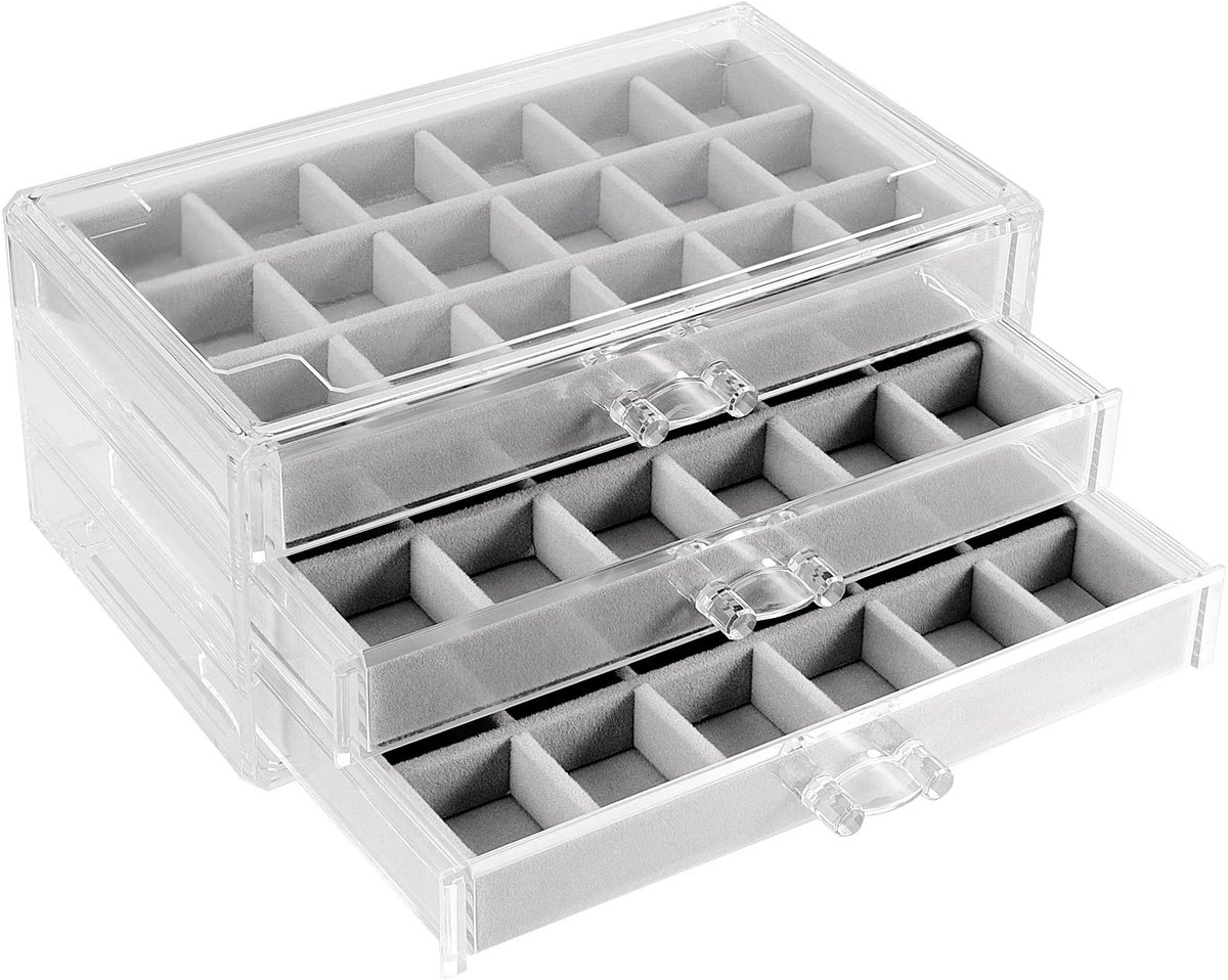 Dailygoods - Sieraden Organizer - 3 Laden Acryl Doos - Verstelbare Fluwelen Houder - Grijs - Oorbellen Ringen Kettingen - Perfect voor Dames en Meisjes