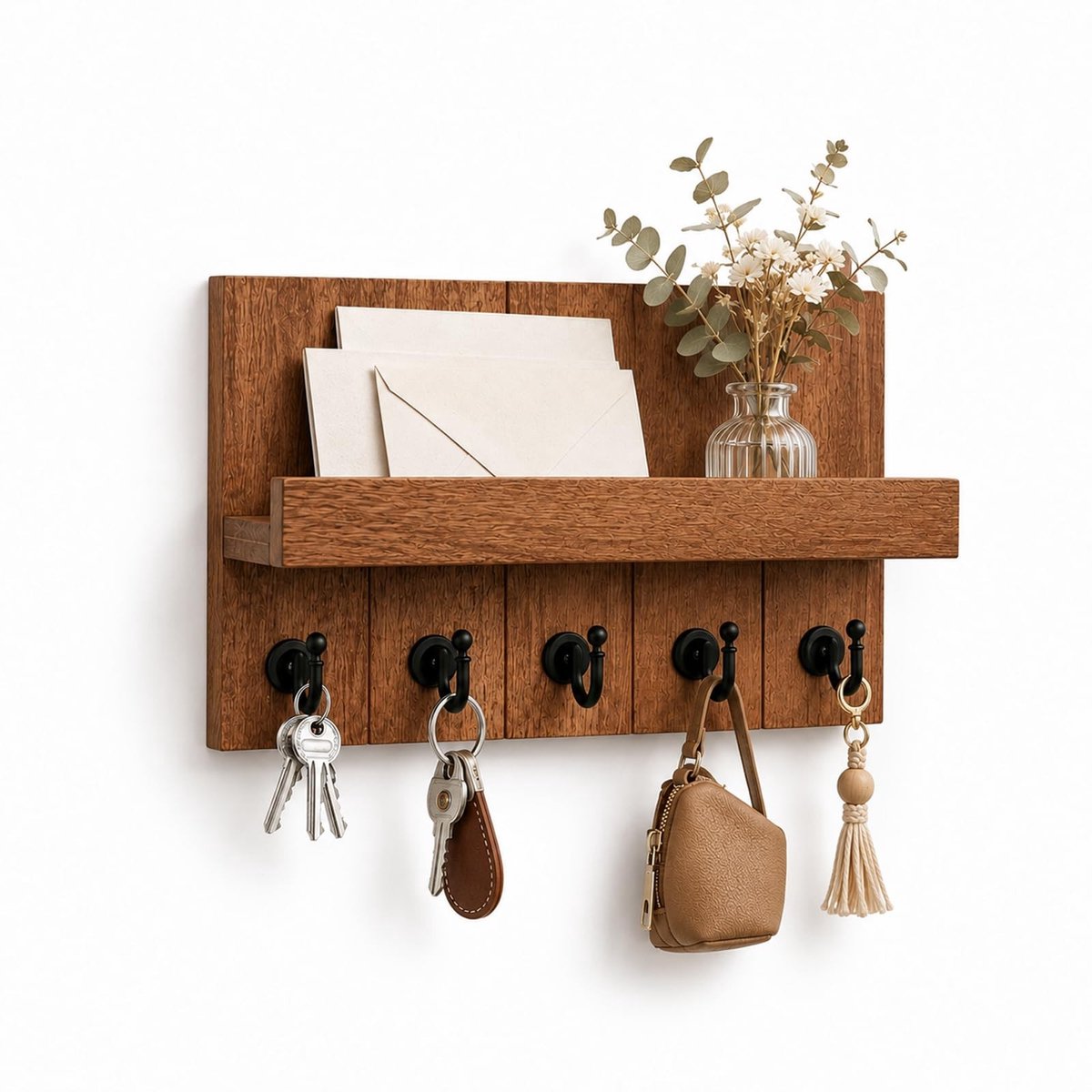 Dailygoods- Sleutelrek Praktisch wandrek met 5 haken - Sleutelhouder - Wandmontage - Natuurlijk Hout - 25,5 × 18,5 cm - Decoratieve touch