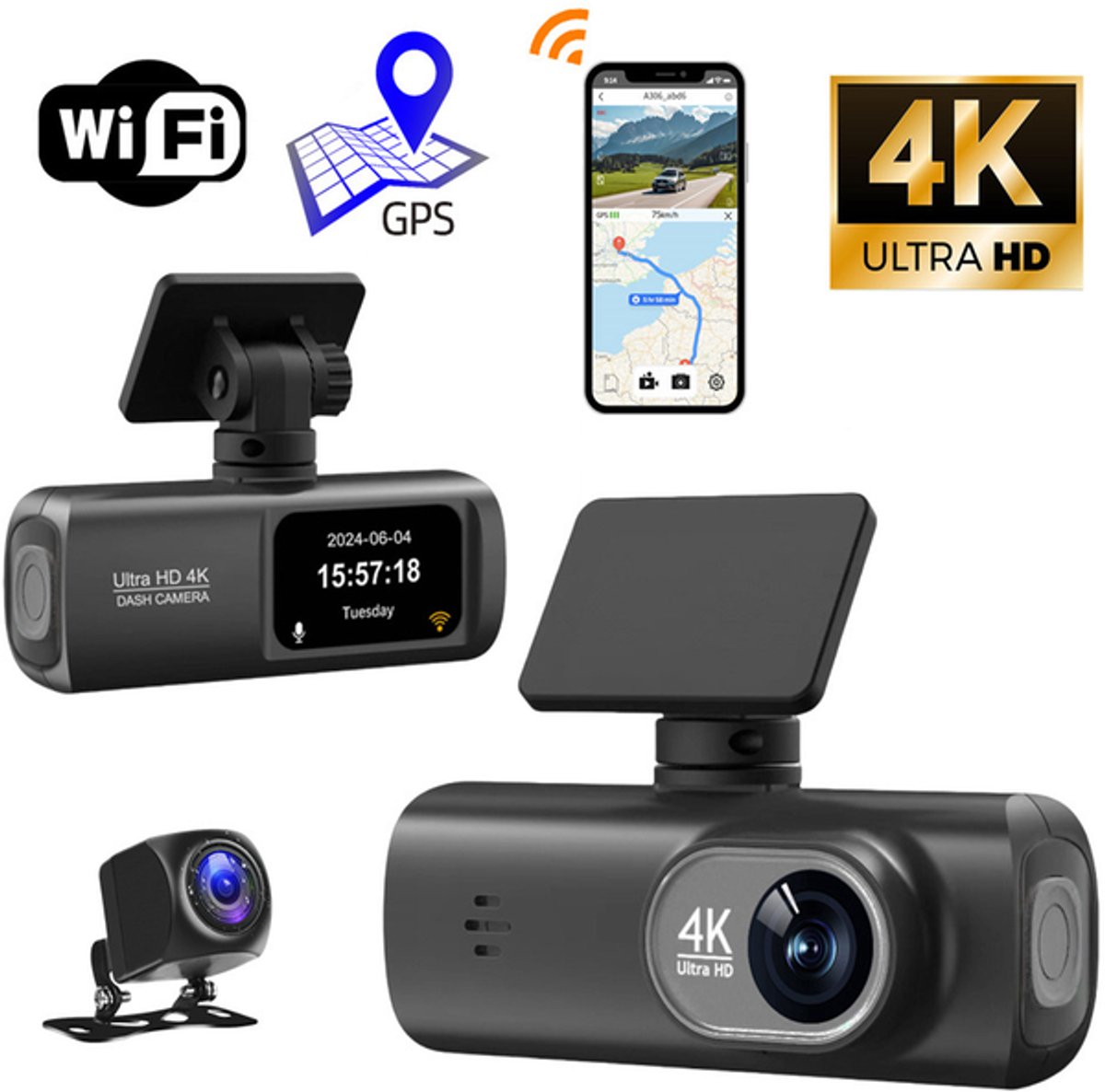 KZQ Dashcam 4K voor en achter met dubbele camera WiFi GPS WDR nachtzicht zwaartekrachtsensor en app-bediening voor auto