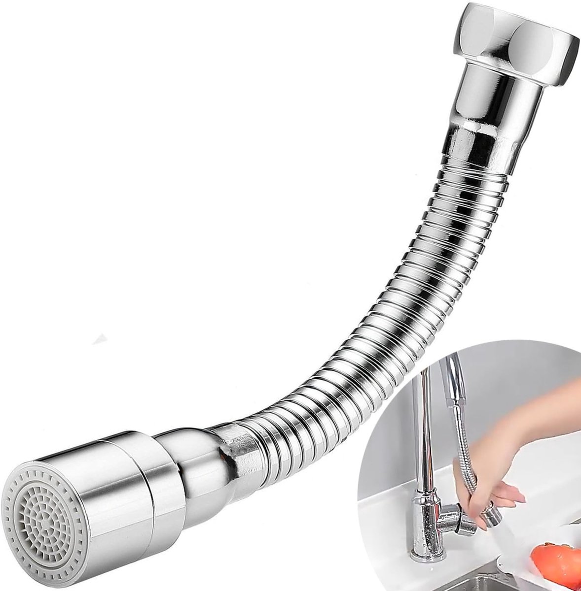 Dailygoods- Waterkraanverlenging 18 cm - Roestvrij Staal - Draaibaar - Geschikt voor G1/2, F20, F22 - Hoogwaardige Doucheslang - Gemakkelijk te Reinigen - Kraanverlenger