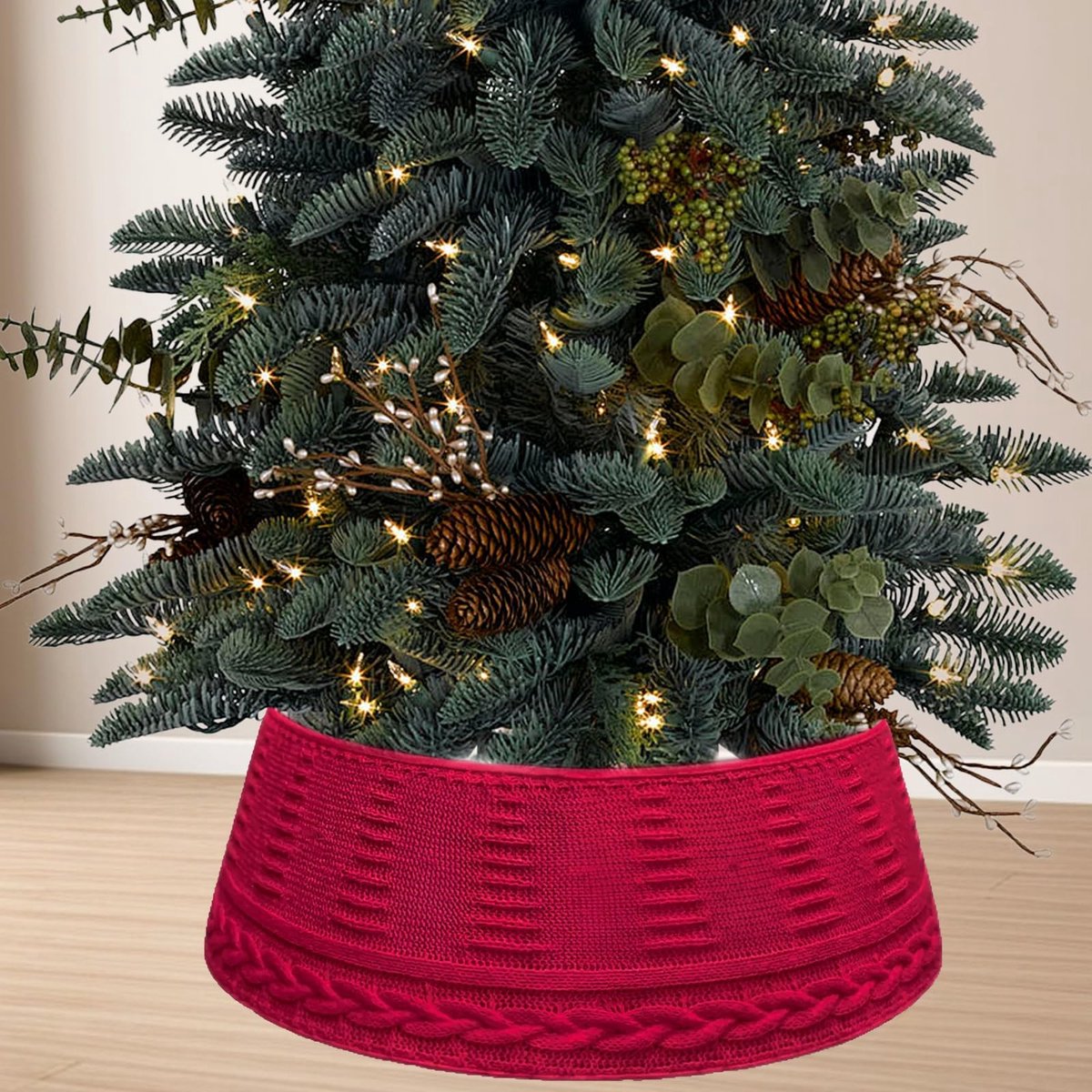 Dailygoods - CHENYU Kerstboom Basis Cover 72x60 cm Kerstboom Kraag Gebreid Opvouwbaar Stevig en Duurzaam Kerstmis Stand Basis Cover voor Kunstmatige Mat Rood