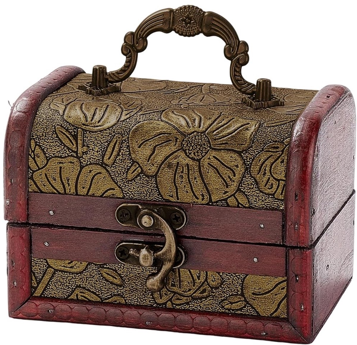 Dailygoods - Mini-vintage houten sieradenkoffer, retro schatkist, piraat, opbergdoos, klein decoratief Europees kunstleer met handvat, voor sieraden, kralen, verjaardagscadeaus