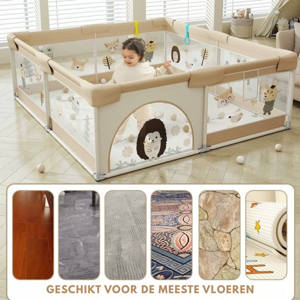 Livista Grondbox Baby - Binnenmaat 120x120cm - Inclusief Kruipmat - Met 60 Speelballen, 4 Trekringen - Kinderbox - Speelbox - Playpen - Met Draagtas - Beige – foto 3