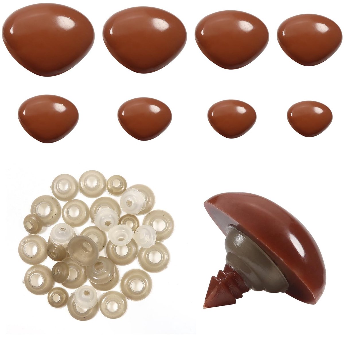 Dailygoods- Veiligheidsneuzen 33 stuks - Bruine Driehoekige Neus - Kunststof - Maten 9/11/15/18/20/23/26/29 mm - Sluitringen - Ideaal voor Knutselprojecten - Poppenneuzen