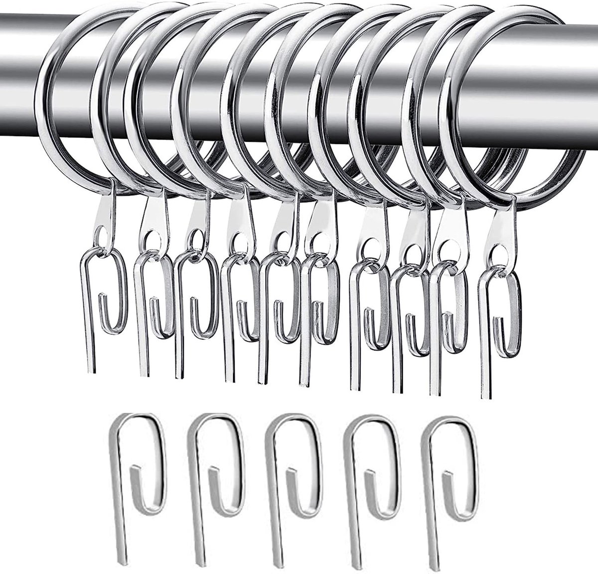 Dailygoods- Gordijnringen 24-pack - Metalen Gordijnringen - 30 mm Binnendiameter - Inclusief Gordijnhaken - Geschikt voor Gordijnroeden - Sliver Kleur - Gordijnhaak