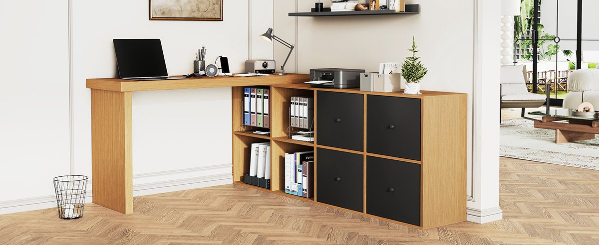 Hoekbureau Computerbureau Bureau MDF Zwart Eiken N880 360° Draaibaar Opbergruimte