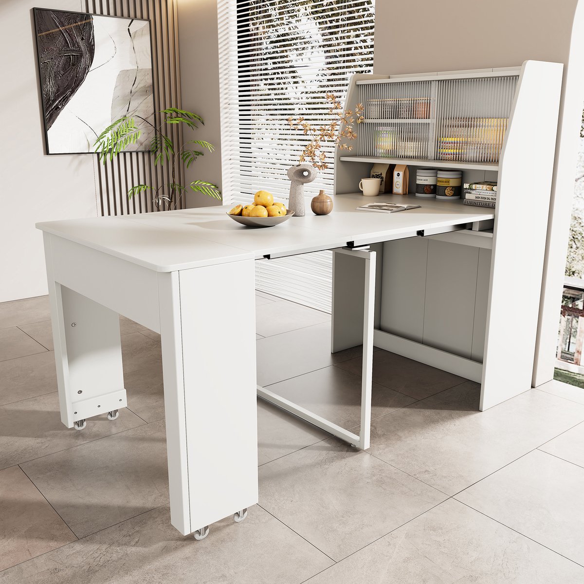DESMIU Uitschuifbare Eettafel Met Opbergruimte En Glasvak Voor Eetkamer En Woonkamer Wit Spaanplaat 52 Tot 132,5 X 80 X 76 Cm