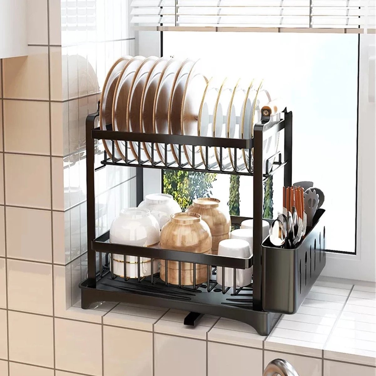 Dailygoods Afdruiprek, 2-laags afdruiprek roestvrij staal, afdruiprek met gereedschapshouder en lekbak, borden, bestek,