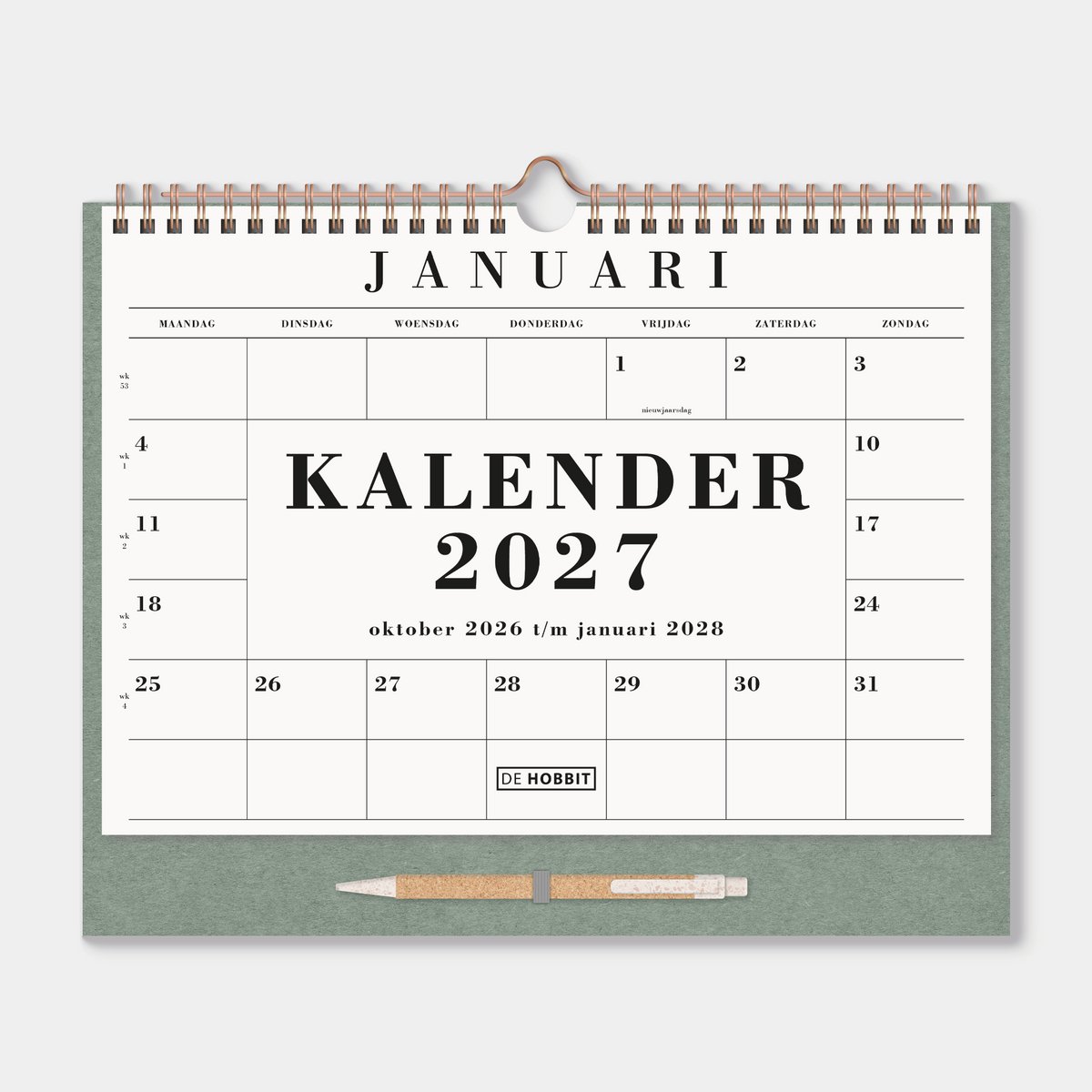 Hobbit - Maandkalender 2027 - A4+ (25 x 30.5 cm) - 1 maand op 1 pagina - Maandplanner - met pen - Groen
