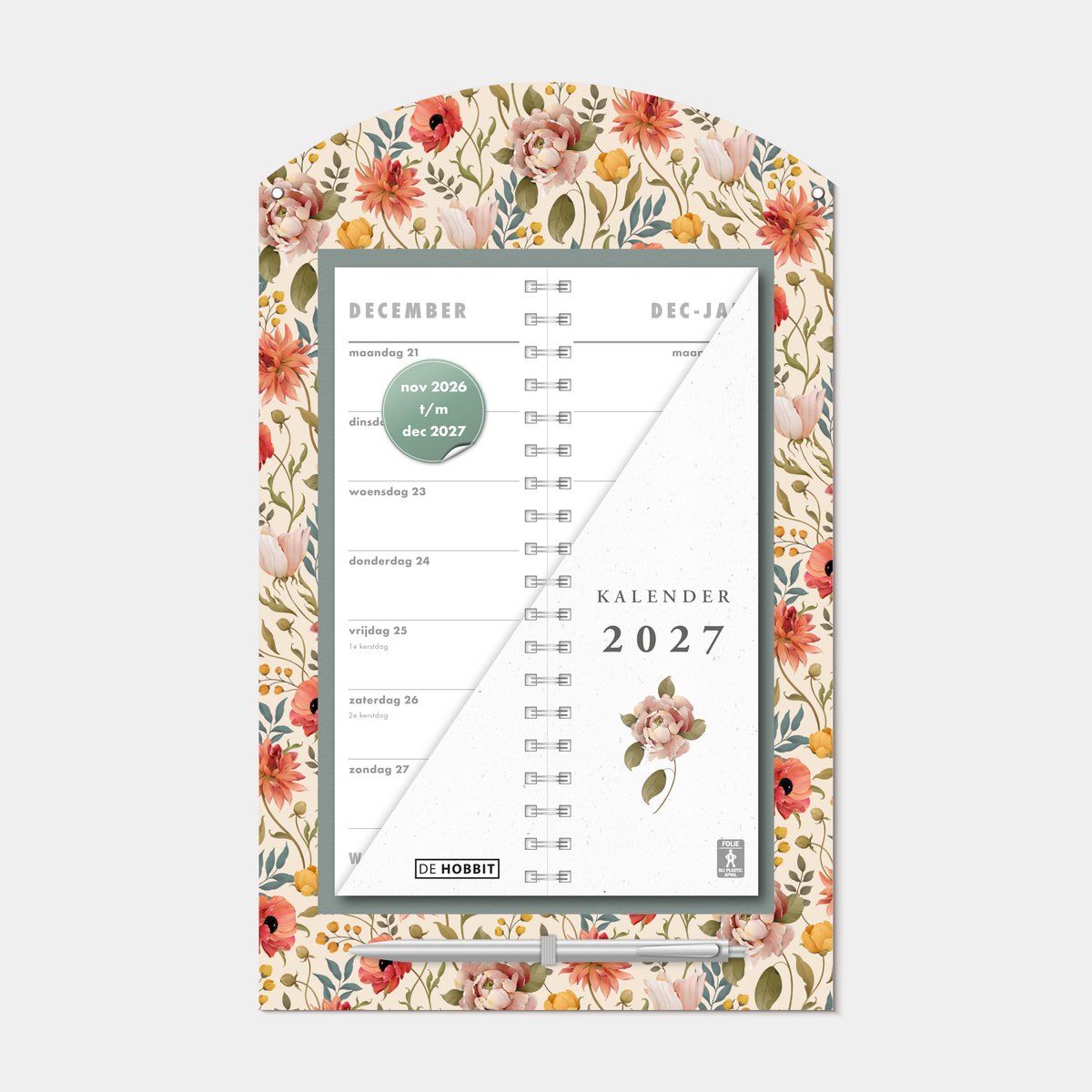 Hobbit - Luxe Omslagkalender 2027 - 2 weken kalender - met pen en ophangkoord - 34 x 21cm - Vintage Bloemen