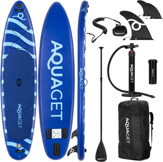 Overzicht van blauw paddleboard met golven, peddel, pomp, vin, leash en tas.