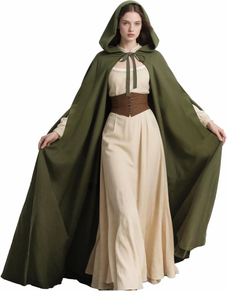Medieval Damescape met Kap en Mouwen voor Halloween - Perfecte Kostuumkeuze in Legergroen