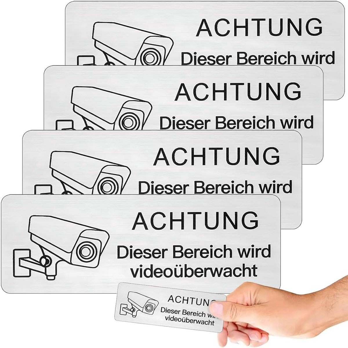 4 stuks let op videobewaking borden voor binnen en buiten, zelfklevende aluminium sticker, videobewaking, notitiebord, 85 x 30 mm, roestvrij en weerbestendig