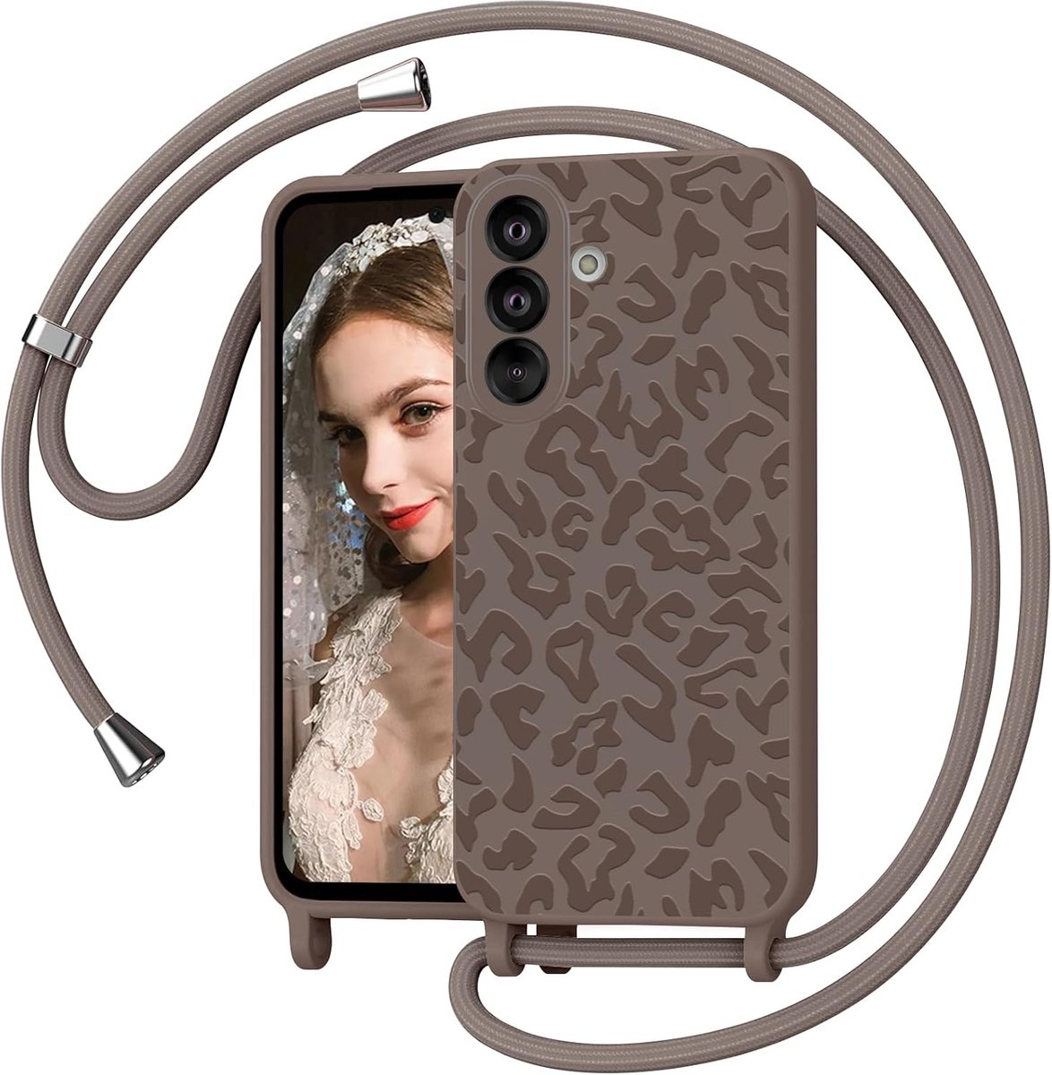 Telefoonhoesje voor Samsung Galaxy A56 5G, hoes met koord, luipaardpatroon, siliconen telefoonhoes met ketting, beschermhoes om te hangen, vloeibare siliconen hoes voor Samsung A56 5G, Kahki