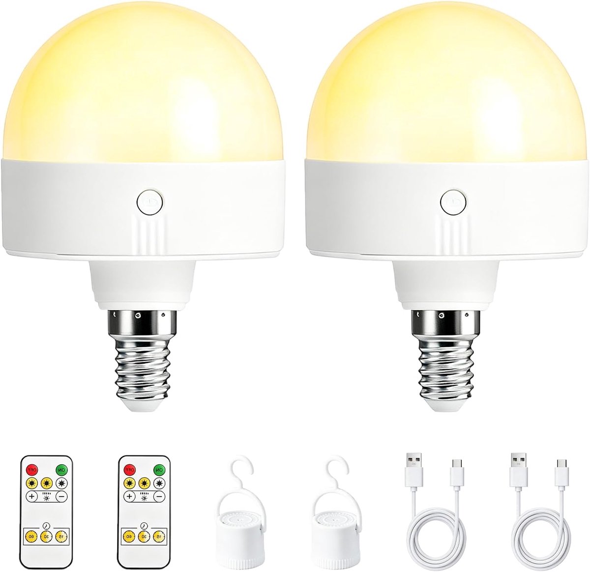 2 stuks Oplaadbare E27 LED-lamp met Afstandsbediening, Dimbare Lamp 3 Kleuren, Magnetisch Afneembare LED-lamp op Batterijen voor Snoerloze Verlichting
