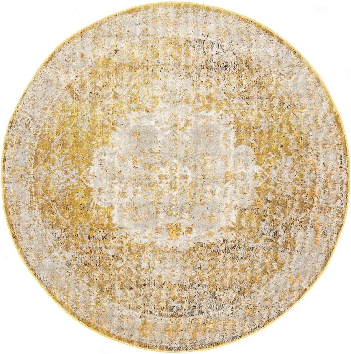 SnelShoppen - Vintage Rond Vloerkleed Ø 200 cm Geel | Medium Pool, Oeko-Tex, Voor Woonkamer, Eetkamer, Slaapkamer, Keuken, Ondervloer Verwarming