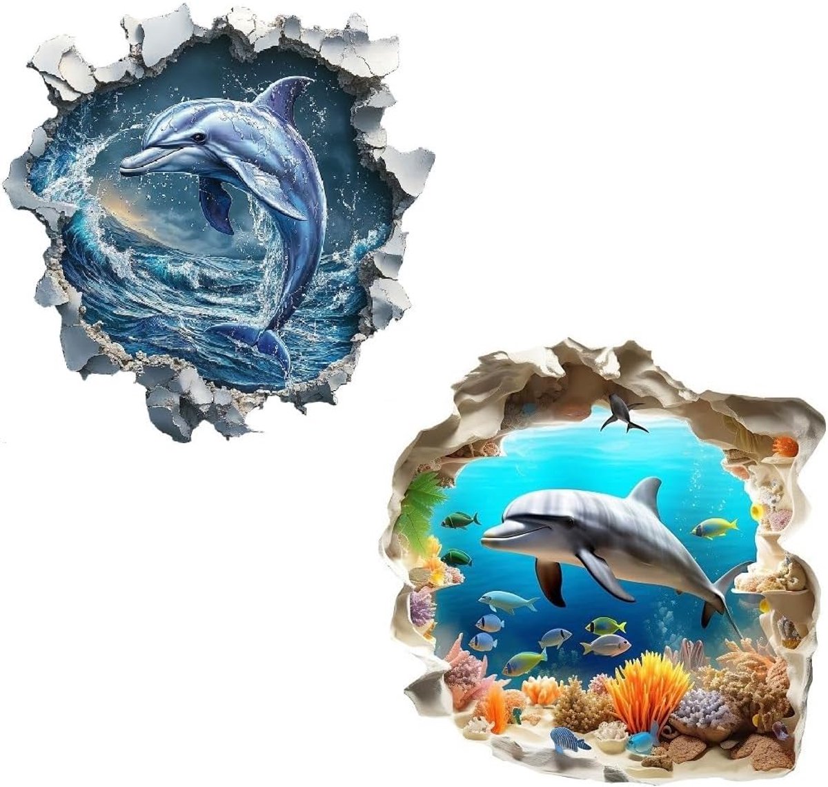 2x 3D muursticker dolfijn, muursticker zee oceaan onderwaterwereld motief, 29,1 x 29,3 cm, set van 2 kinderkamer woonkamer keuken enz. (2 dophins)