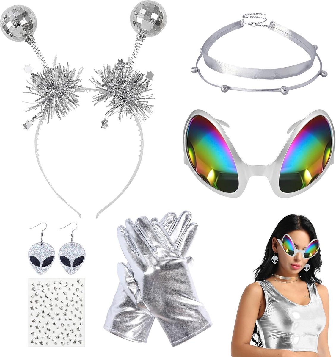 Kostuum Dames, 6 Stuks Alien Accessoires, Alien Haarband met Ketting Oorbellen Bril Zilveren Handschoenen en Strass Stickers voor Carnaval Maskerade Feest
