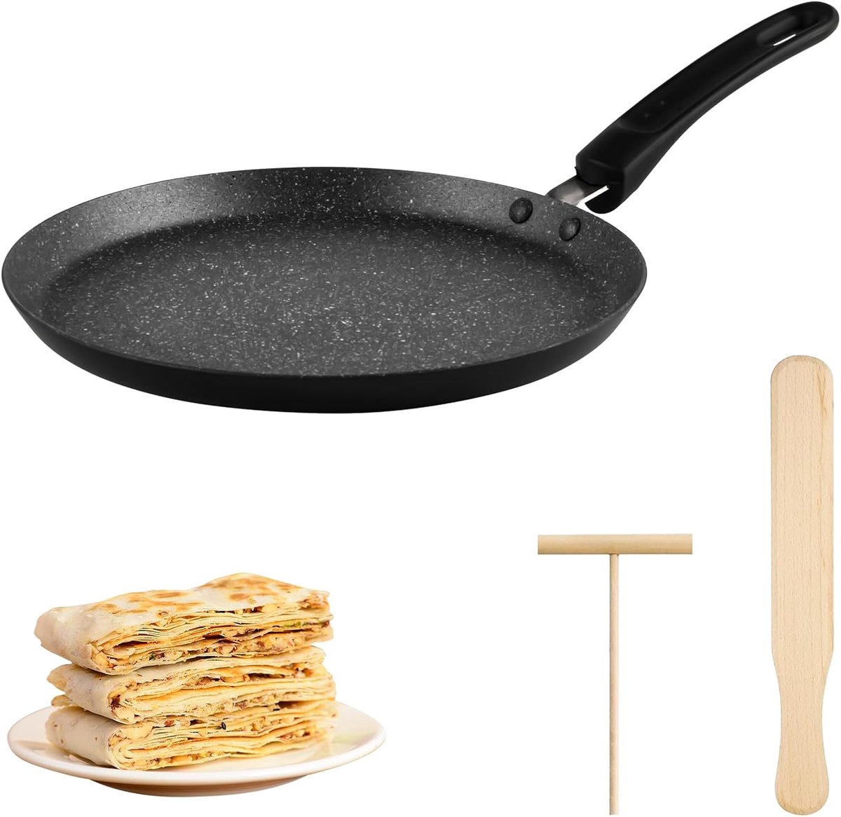 Pannenkoekenpan met anti-aanbaklaag, 22 cm, gegoten aluminium pannenkoekenpan met deegverdeler en houten schep, crêpe pan, inductiepan voor andere warmtebronnen en inductie