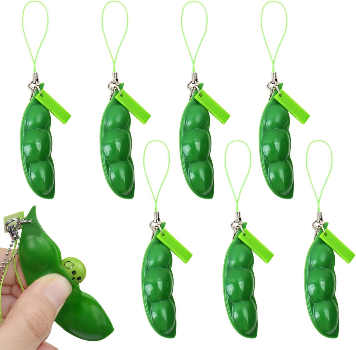 8 stuks knijpbonen sleutelhanger, creatieve verveling fidget sleutelhanger, erwtenpod fidget sleutelhanger stress sleutelhanger voor angst, squishy erwtenpod stress sleutelhangers brengen