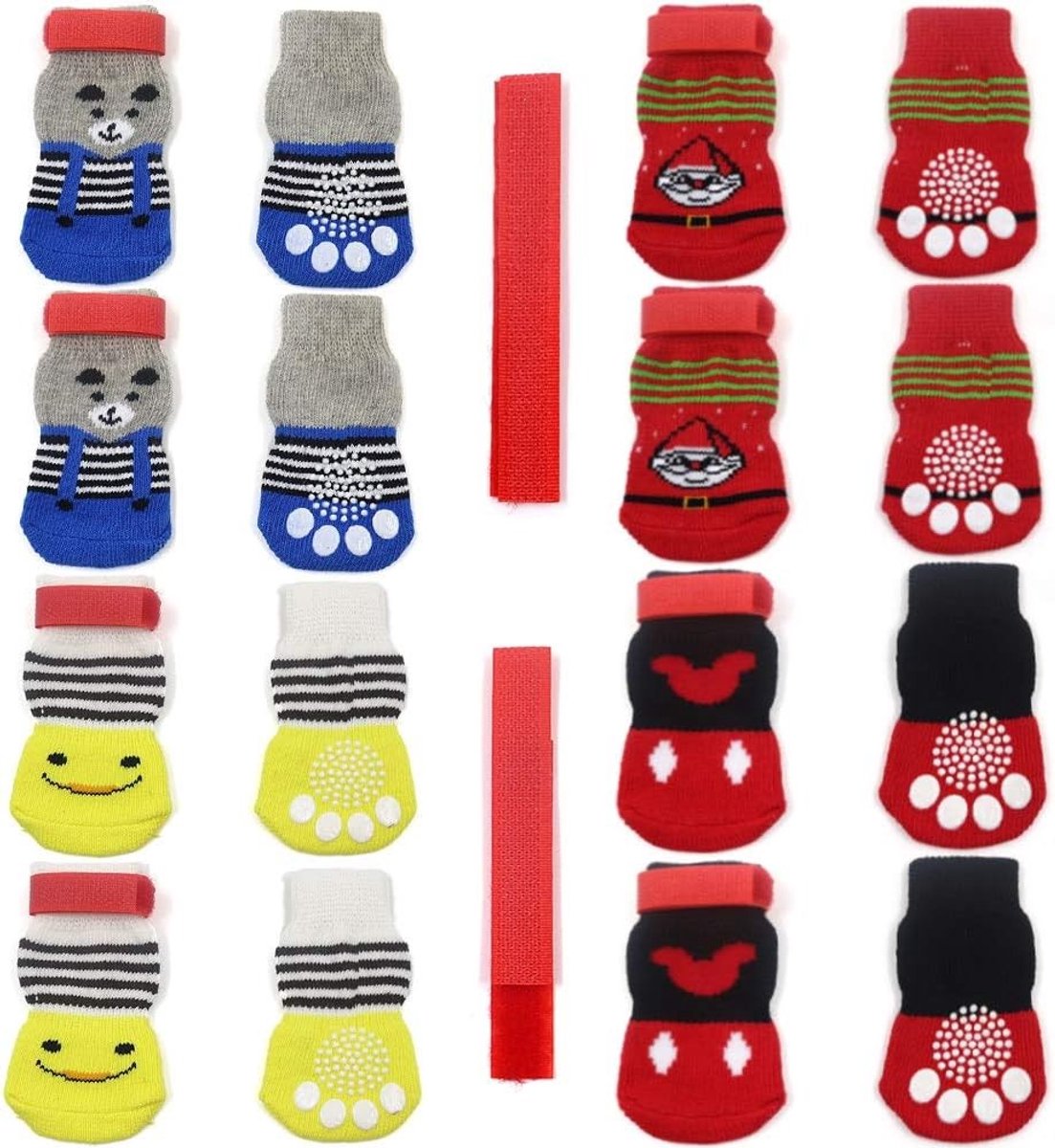 4 Paar Antislip Hondensokken en KattenSokken met Rubber Versteviging en 8 Kleine Bandjes - Dierlijke Pootbescherming voor Houten Vloeren, Binnengebruik en Comfortabele Pasvorm
