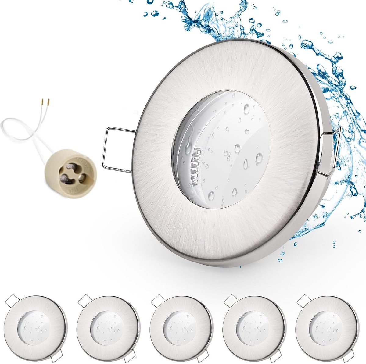 6 x Led-inbouwspot IP65 inclusief GU10 houder, draaibaar LED-spot, ijzer, geborsteld nikkel, badkamer inbouwrames, rond vlak, inbouwspots, gatmaat 68 mm voor buiten - binnengebieden