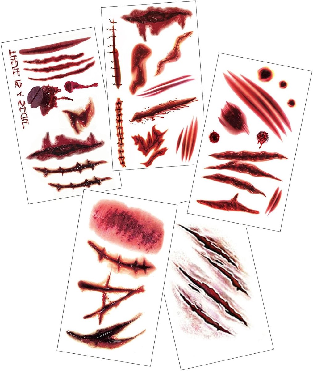 5 vellen Tatoeestickers, nep-tatoeages, wonden, littekens, horror, bloed voor volwassenen Make-upaccessoires