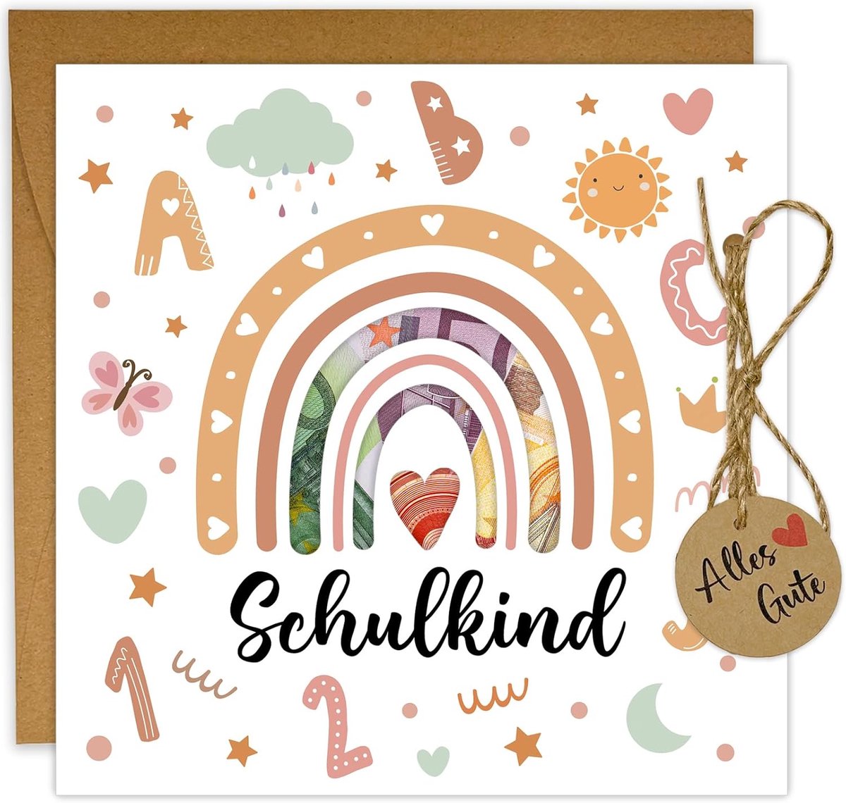 Regenboog geldgeschenk eerste schooldag kaart met envelop, wenskaart voor de eerste schooldag geschenken voor meisjes, cadeau voor de eerste schooldag meisjes jongens