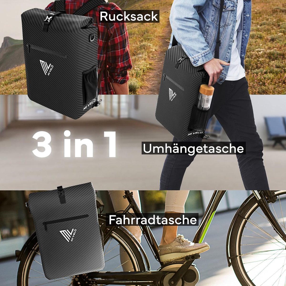 SnelShoppen - Nieuwe Pannierdrager Fietstas - 3-in-1 Fietstas, Rugzak, Schoudertas - 100% Waterdicht - Inclusief Verwijderbare Laptoptas, Carbonvezel