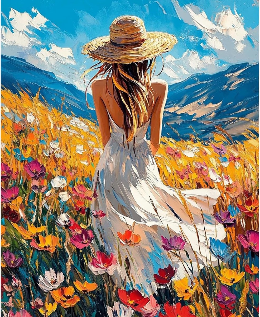 Mooie Dame Schilderen op Nummer voor Volwassenen, Kleurrijke Bloemen Tekenkit 40x50cm, Digitale Olieverf, DIY Acryl Verf Kunstwerk