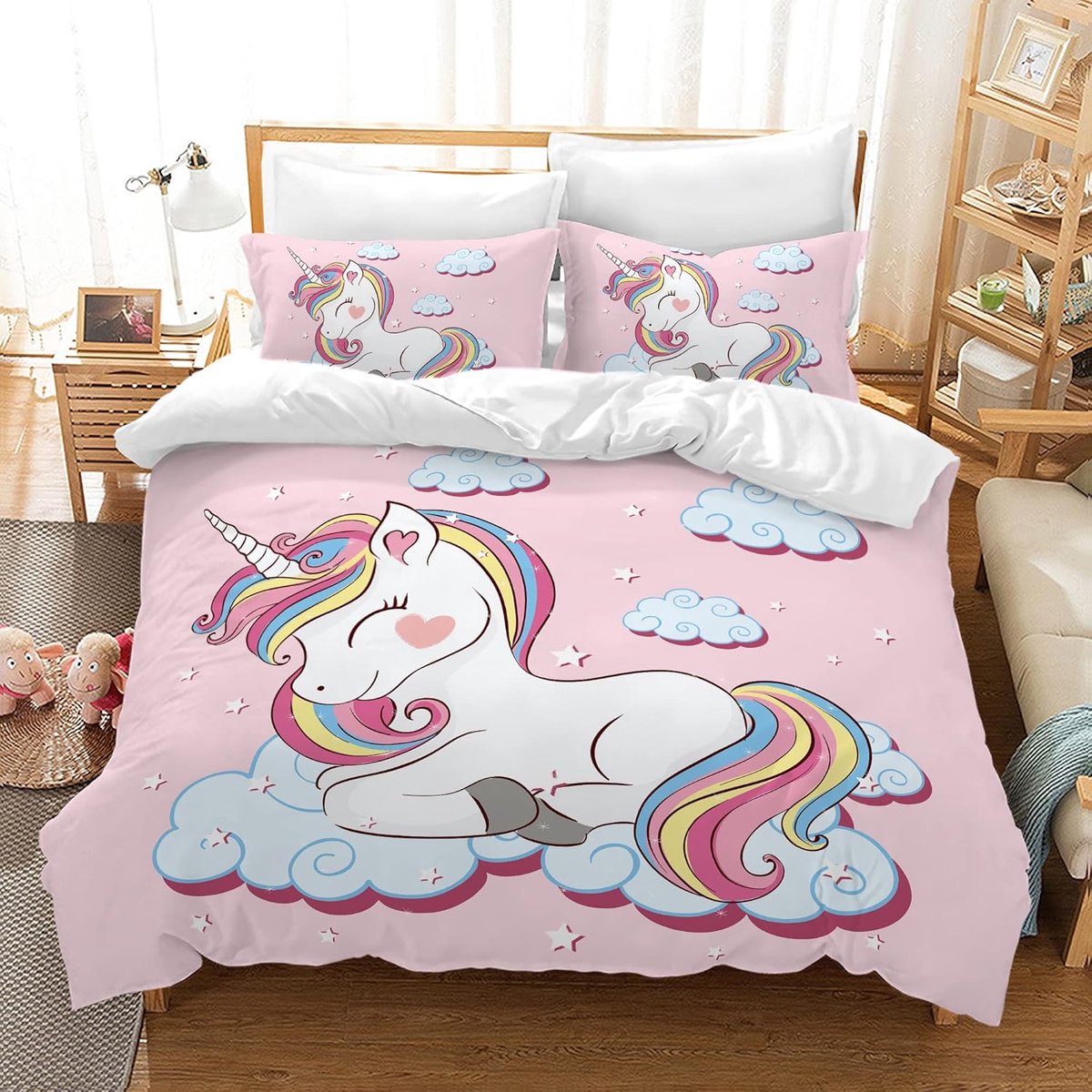 Kinderbeddengoed met eenhoornprint en kussensloop van 50 x 75 cm, roze sterren, 200 x 200 cm, roze