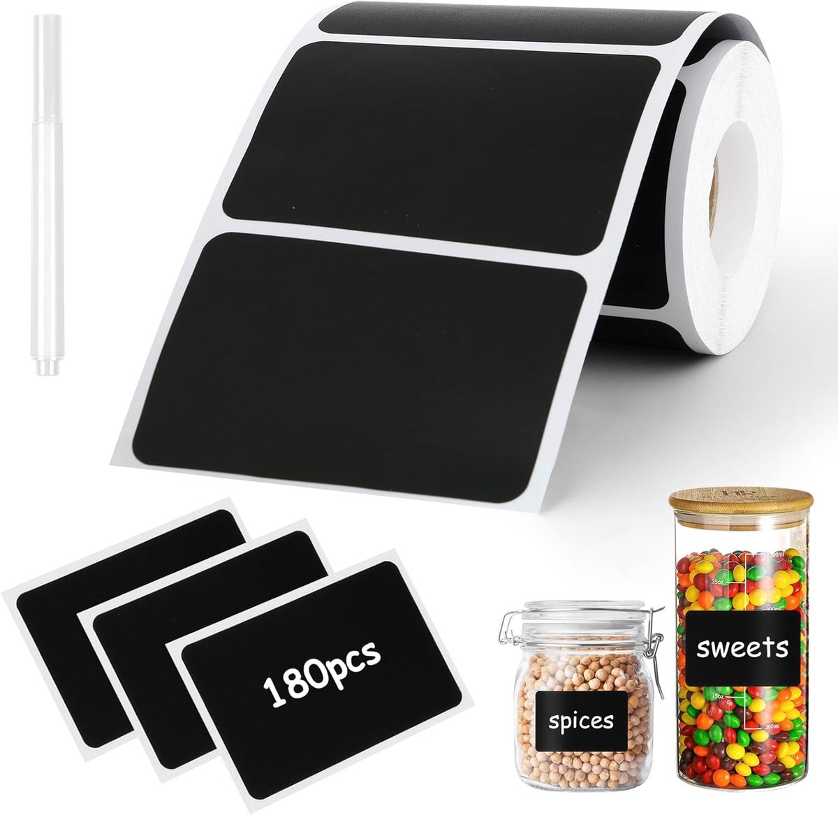180 stuks etiketten voor potten waterdicht met witte marker, zelfklevende Easy Peel vierkante pot etiketten voor keuken voorraadkast organisatie, verwijderbare flesstickers voor jamkruiden en