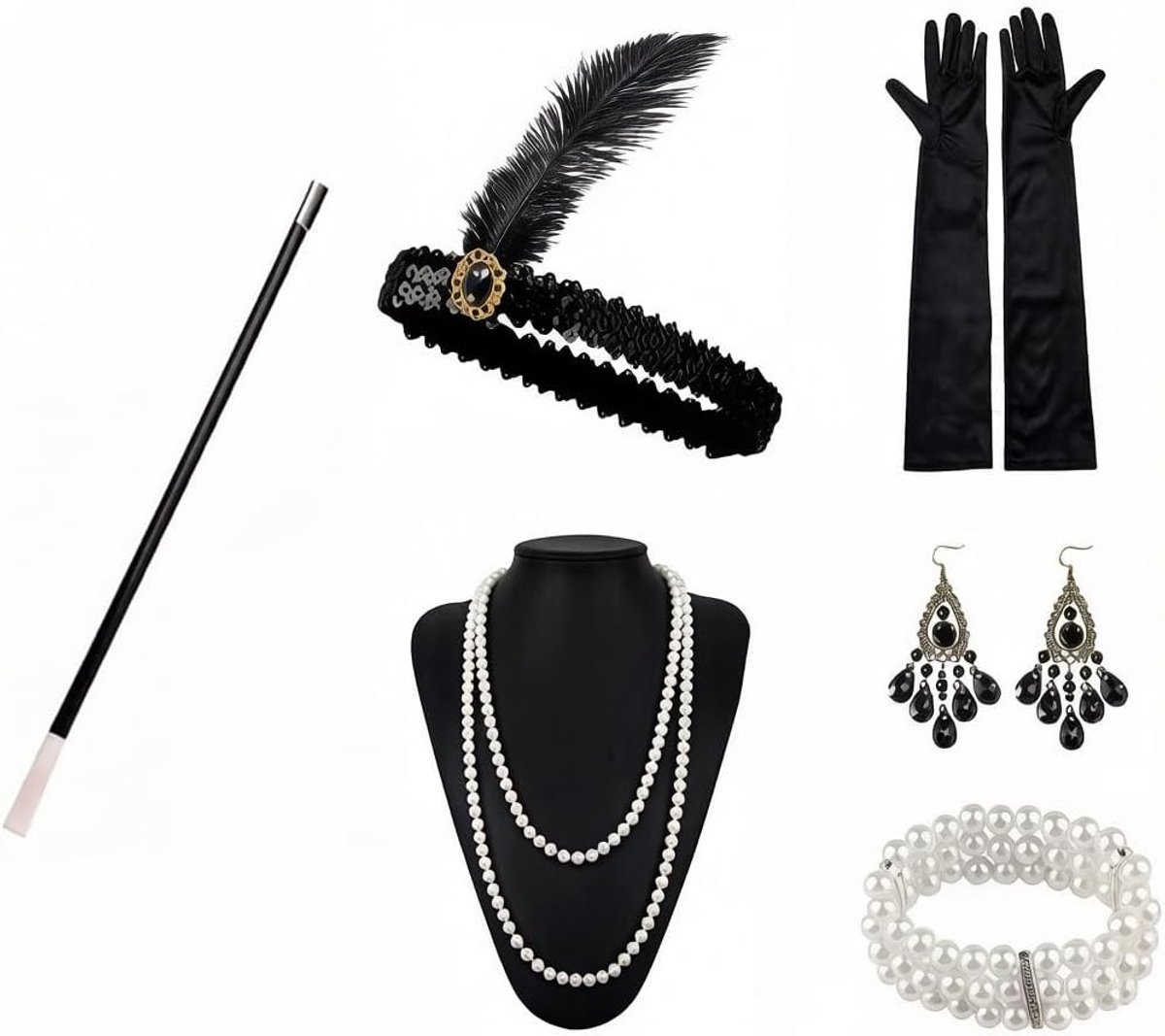 20 accessoires voor dames, 6-delige set, Gatsby & Charleston stijl, gevederde hoofdband, satijnen handschoenen, parelketting, voor grote Gatsby-avond, Halloween en feest, kostuum voor