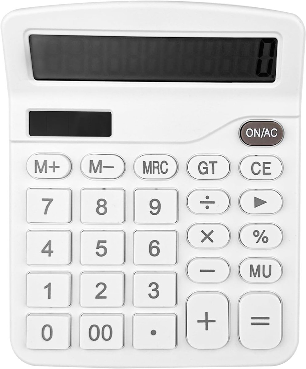 Zakrekenmachine, tafelrekenmachine met 12-cijferig groot lcd-display, mini-rekenmachine, standaardfunctie, tafelrekenmachine met grote toetsen, voor kantoor, thuis en school, wit